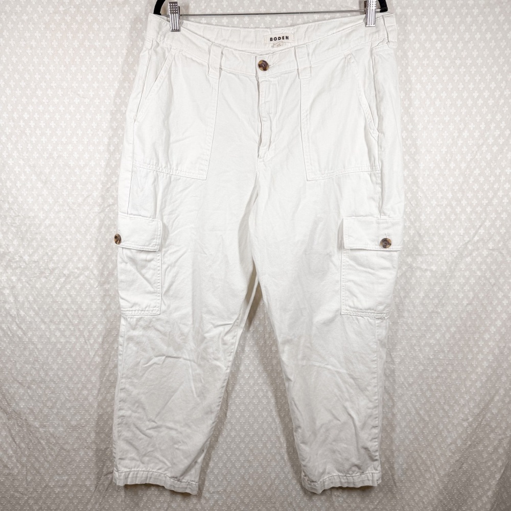 Boden White Cotton High Rise Cargo Pants